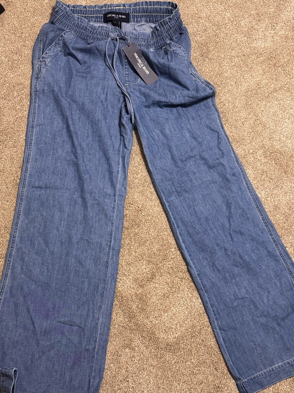 Veronica Beard Dunford High Rise Wide Leg Drawstring Jeans - Blue - Picture 8 of 9